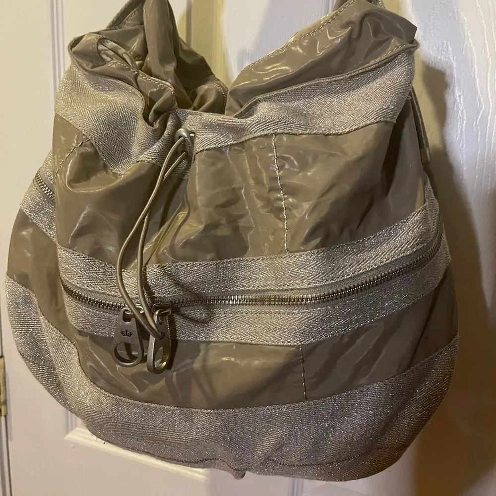 Juicy Couture Nylon taupe & cotton silver shimmery hobo bag leather strap